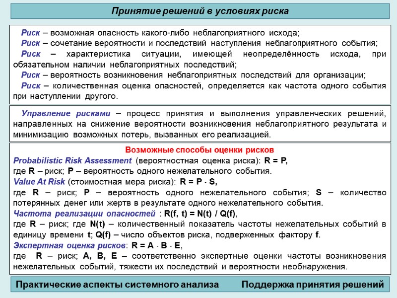 Принятие решений в условиях риска Практические аспекты системного анализа     